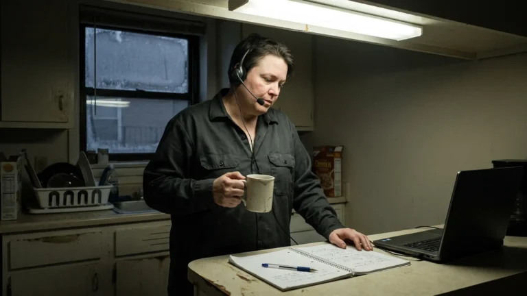 Adult in a headset at a kitchen counter before work — the best way to learn Spanish as an adult