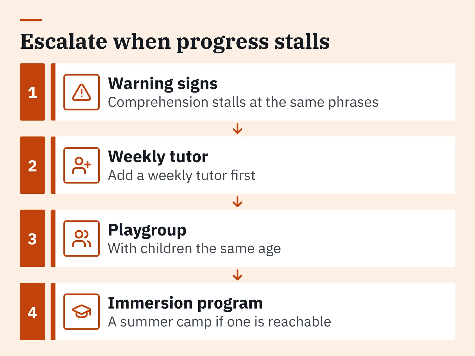 Four numbered rows linked by down arrows: warning signs, weekly tutor, playgroup, immersion program.