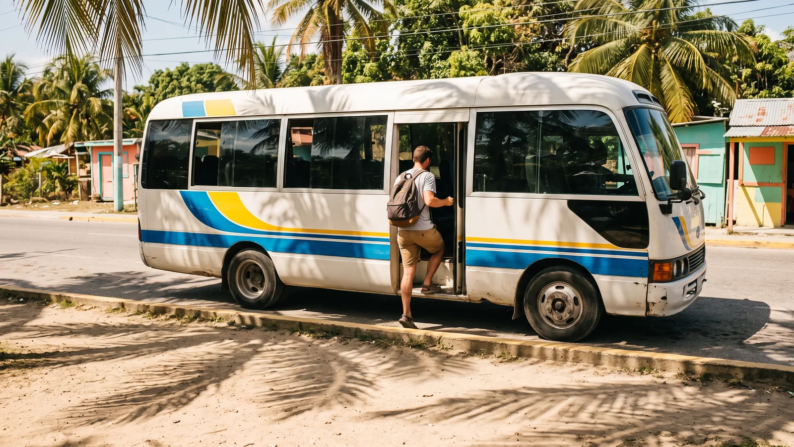 Man with a backpack stepping into a white and blue minibus parked on a sunny street