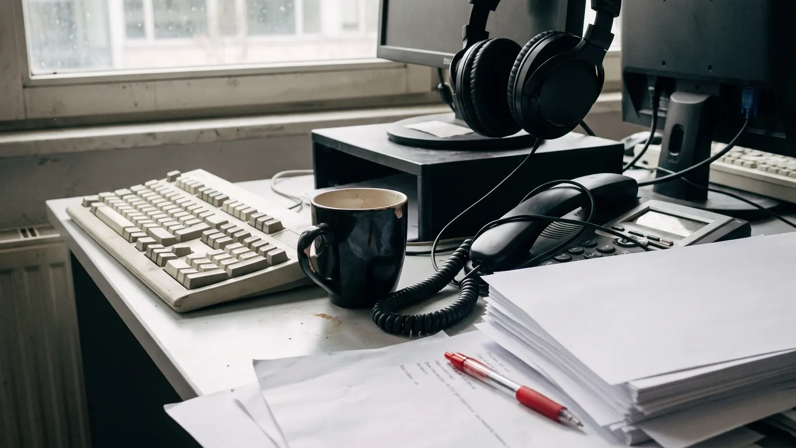 Cluttered desk in a small translation office with headphones, red pen and paper stack