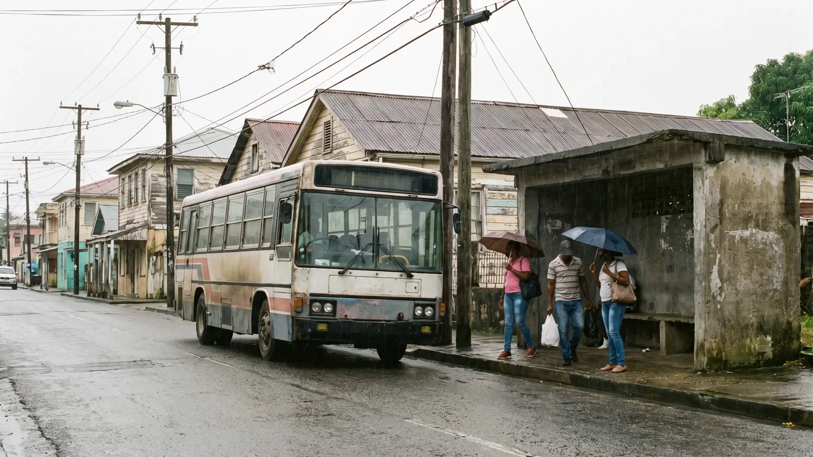 City transit bus at a curbside stop on a Caribbean street with waiting commuters