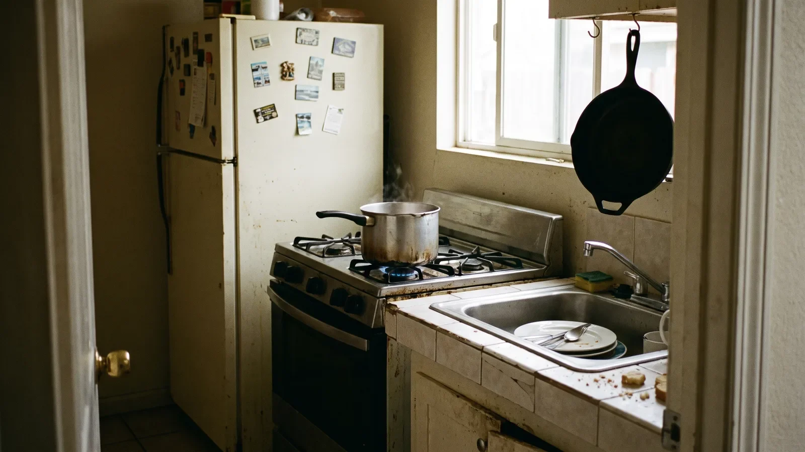 View from a kitchen doorway showing gas stove, sink with dishes and an old refrigerator