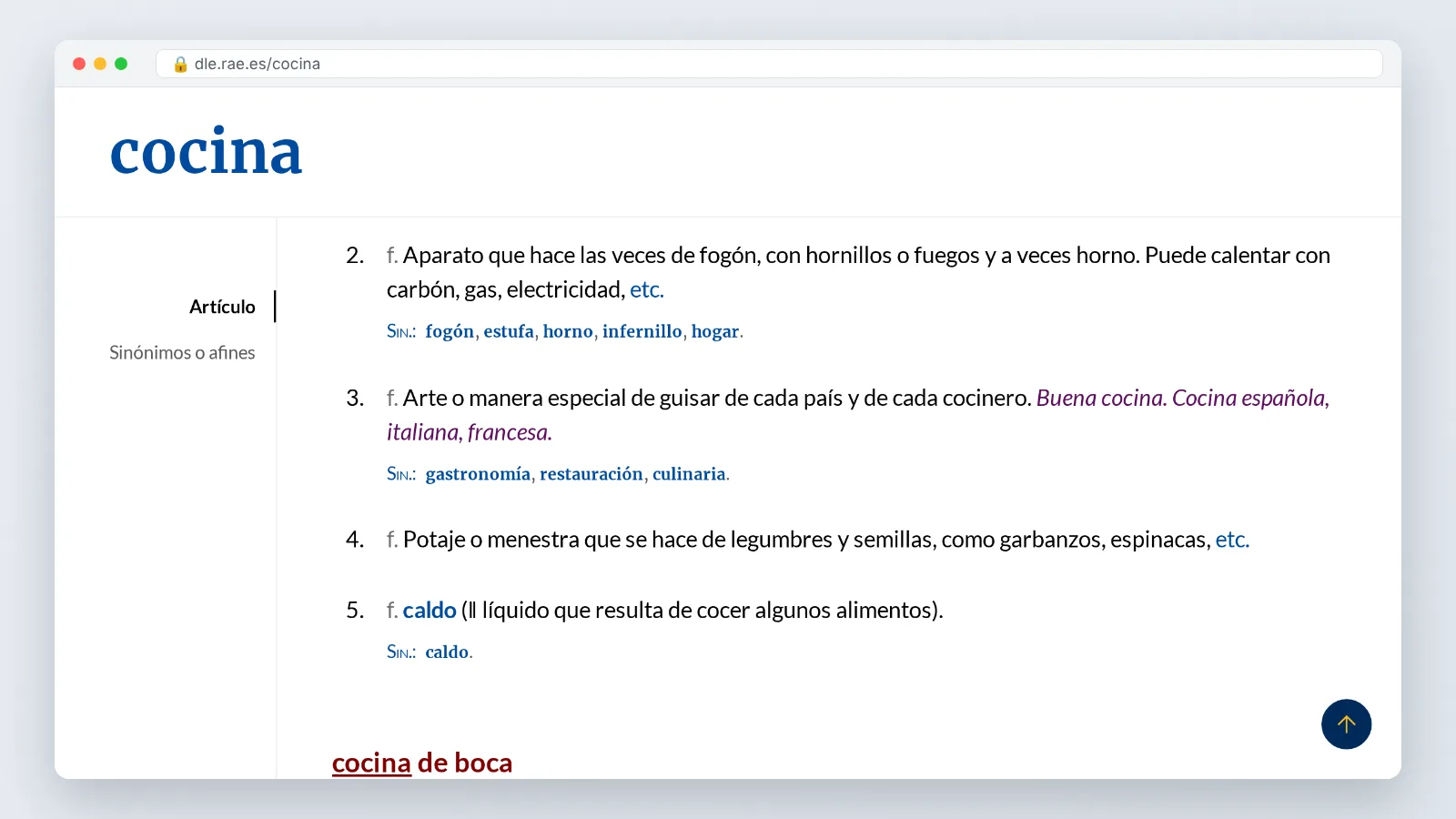 RAE dictionary page for 'cocina' showing numbered definitions for the room and the stove