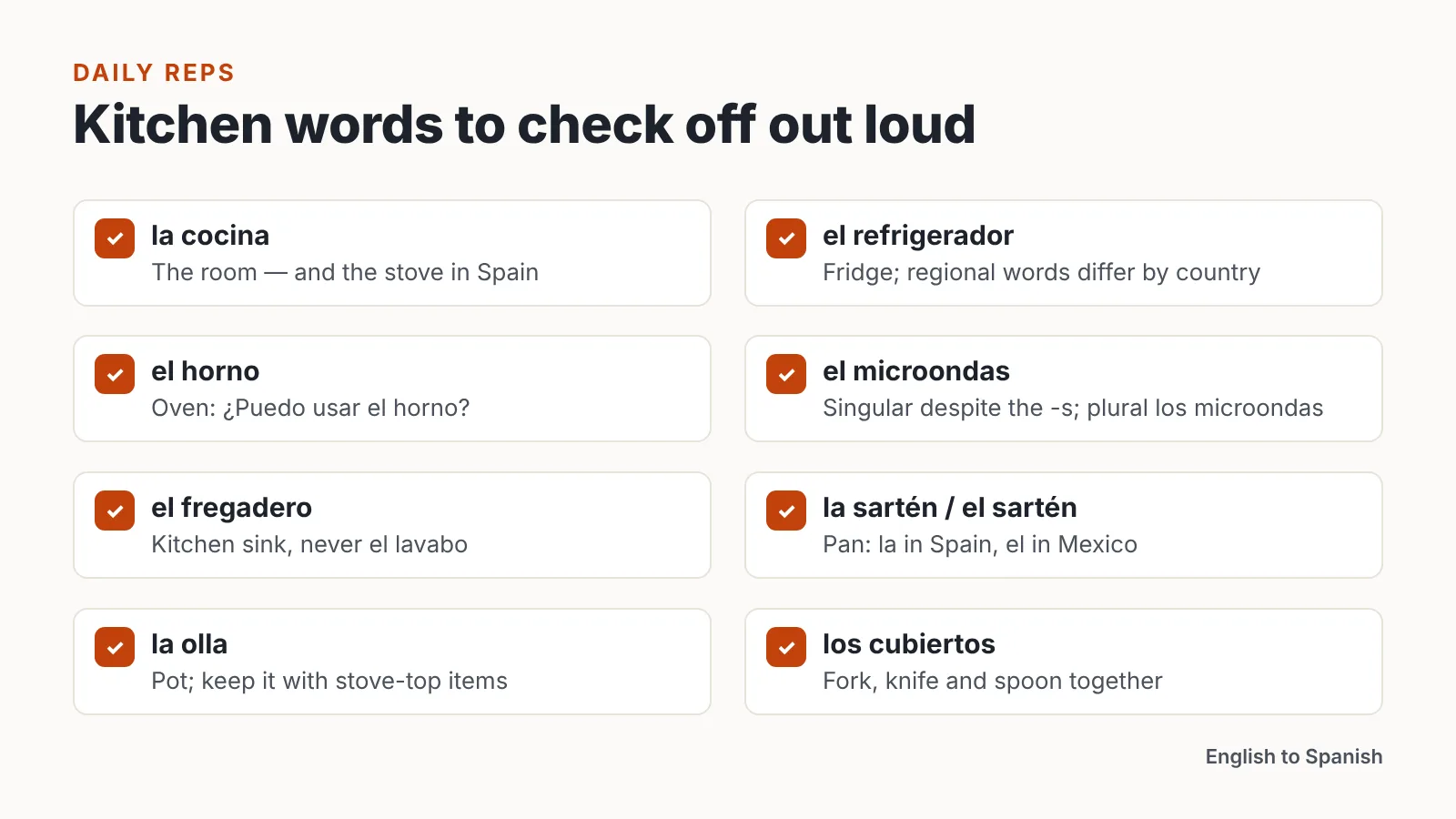 Checklist graphic listing la cocina, el refrigerador, el horno, el fregadero, la sartén and los cubiertos