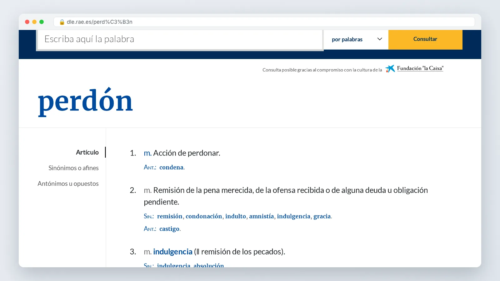 Real Academia Española online dictionary entry for the word perdón