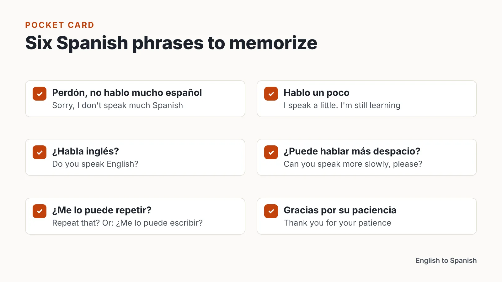 Checklist graphic listing six Spanish phrases for saying you don't speak much Spanish