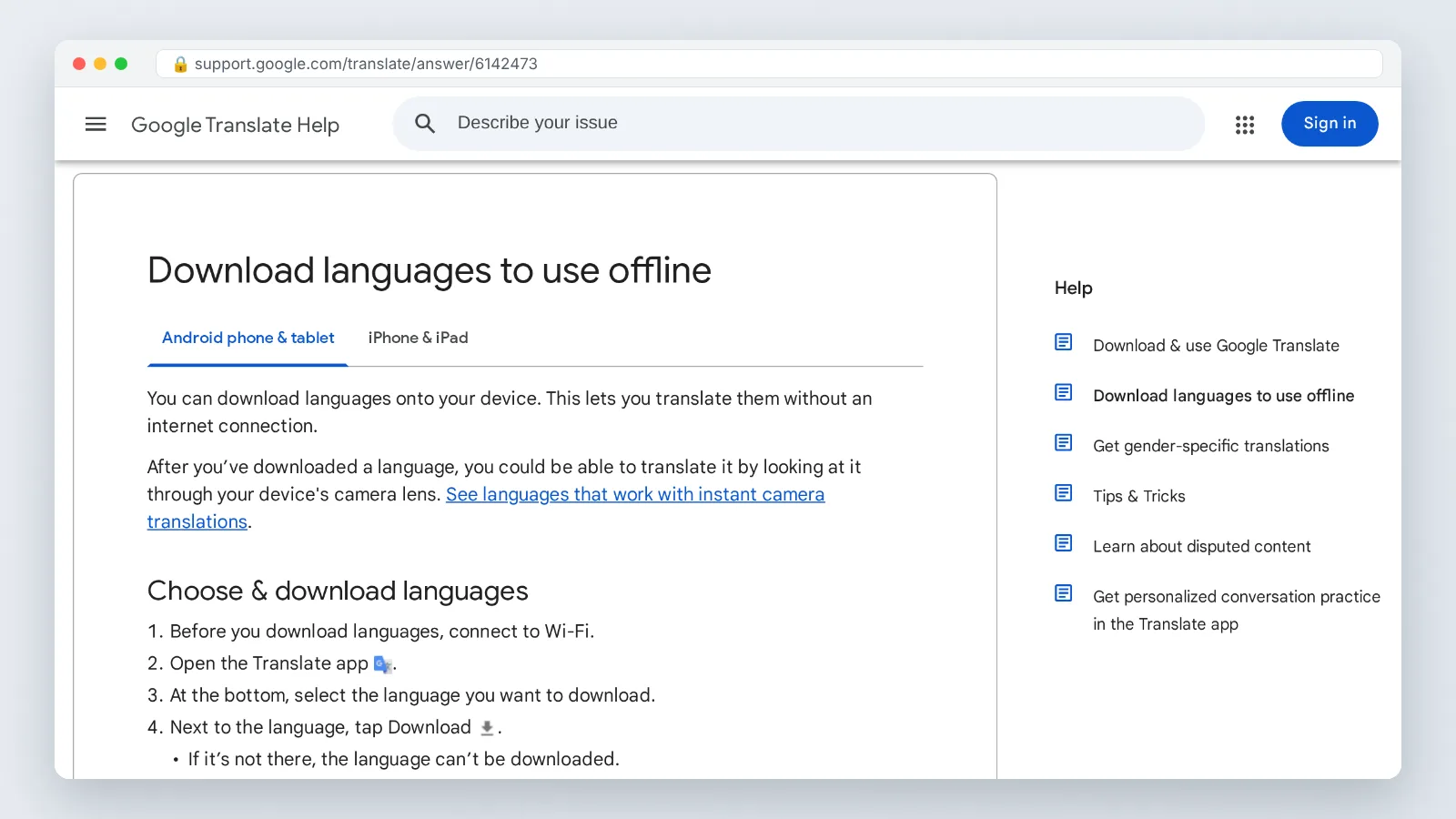 Google Translate help page with instructions for downloading languages to use offline