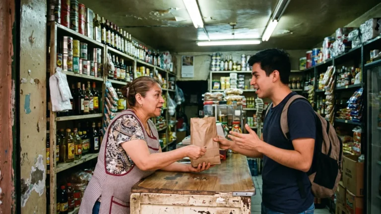 Shopkeeper handing a bag and change to a customer over a counter in a small grocery store