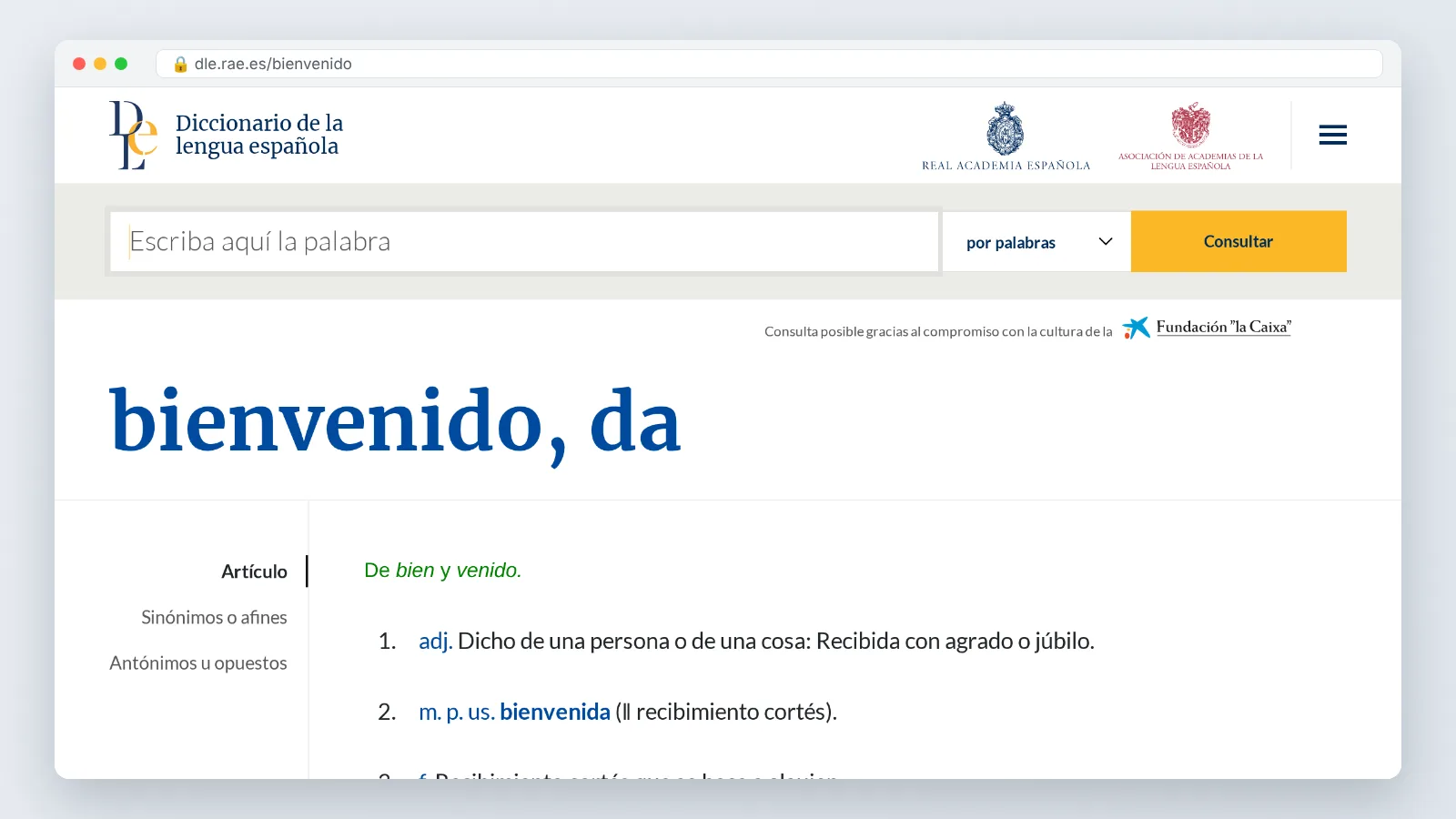 Real Academia Española dictionary page showing the entry for the word bienvenido