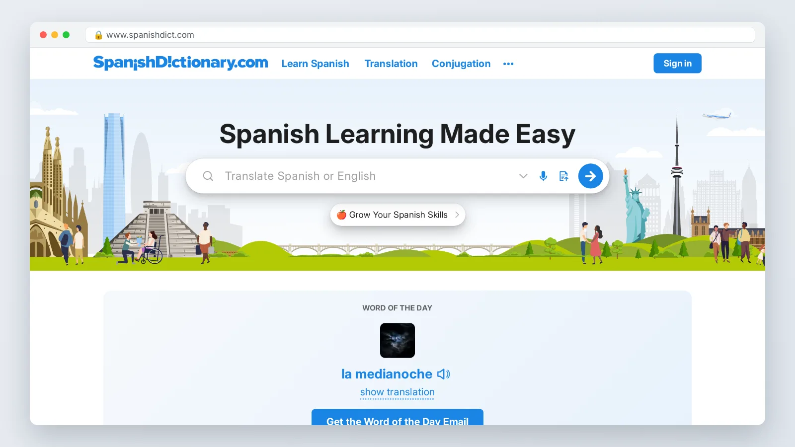 SpanishDict homepage: translate Spanish or English search bar, nav links, and 'la medianoche' Word of the Day card