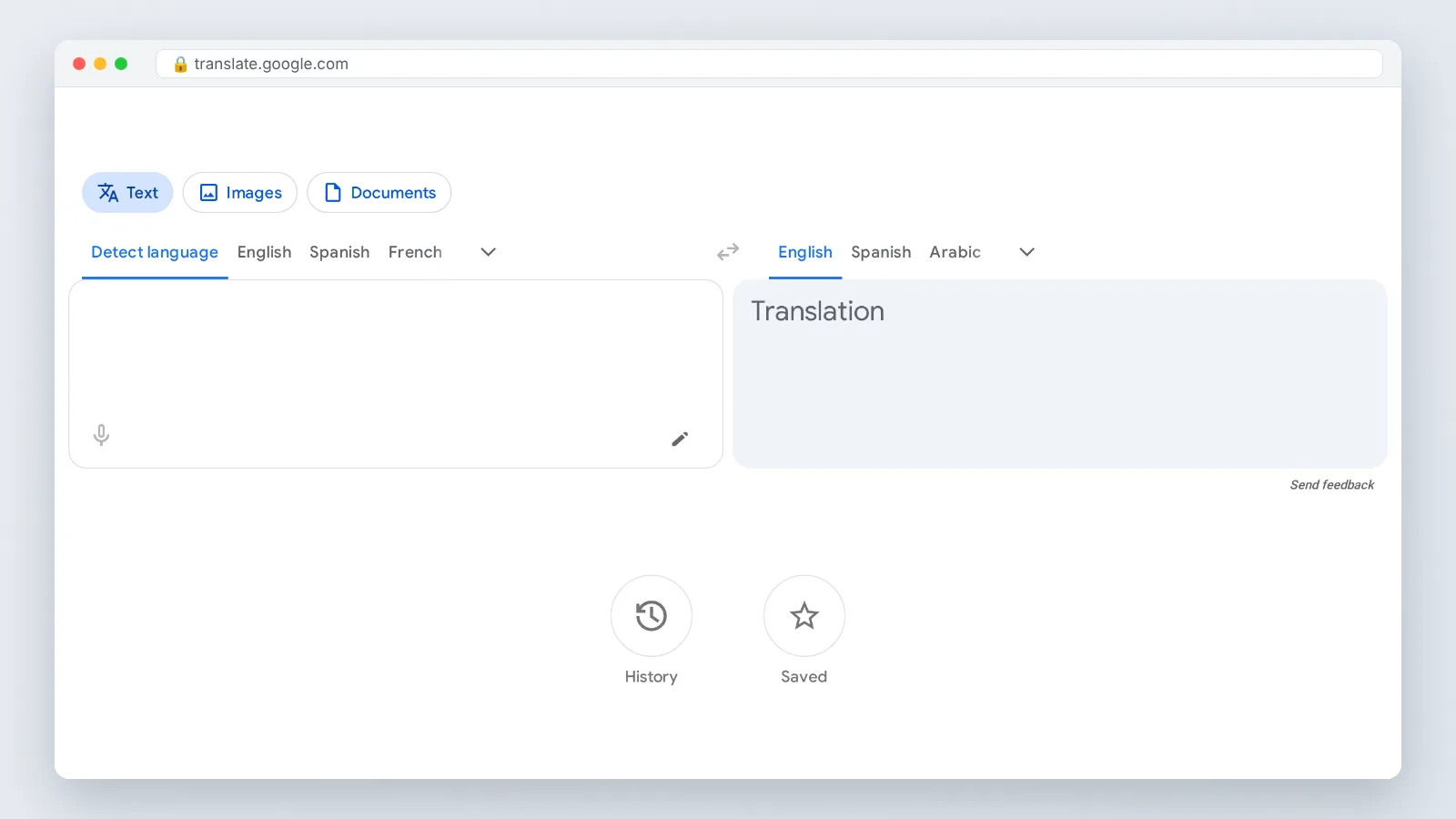 Google Translate web UI: Text/Images/Documents tabs, source and translation panes, History and Saved buttons