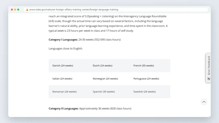 US State Department Foreign Service Institute page showing language category and training-week listings