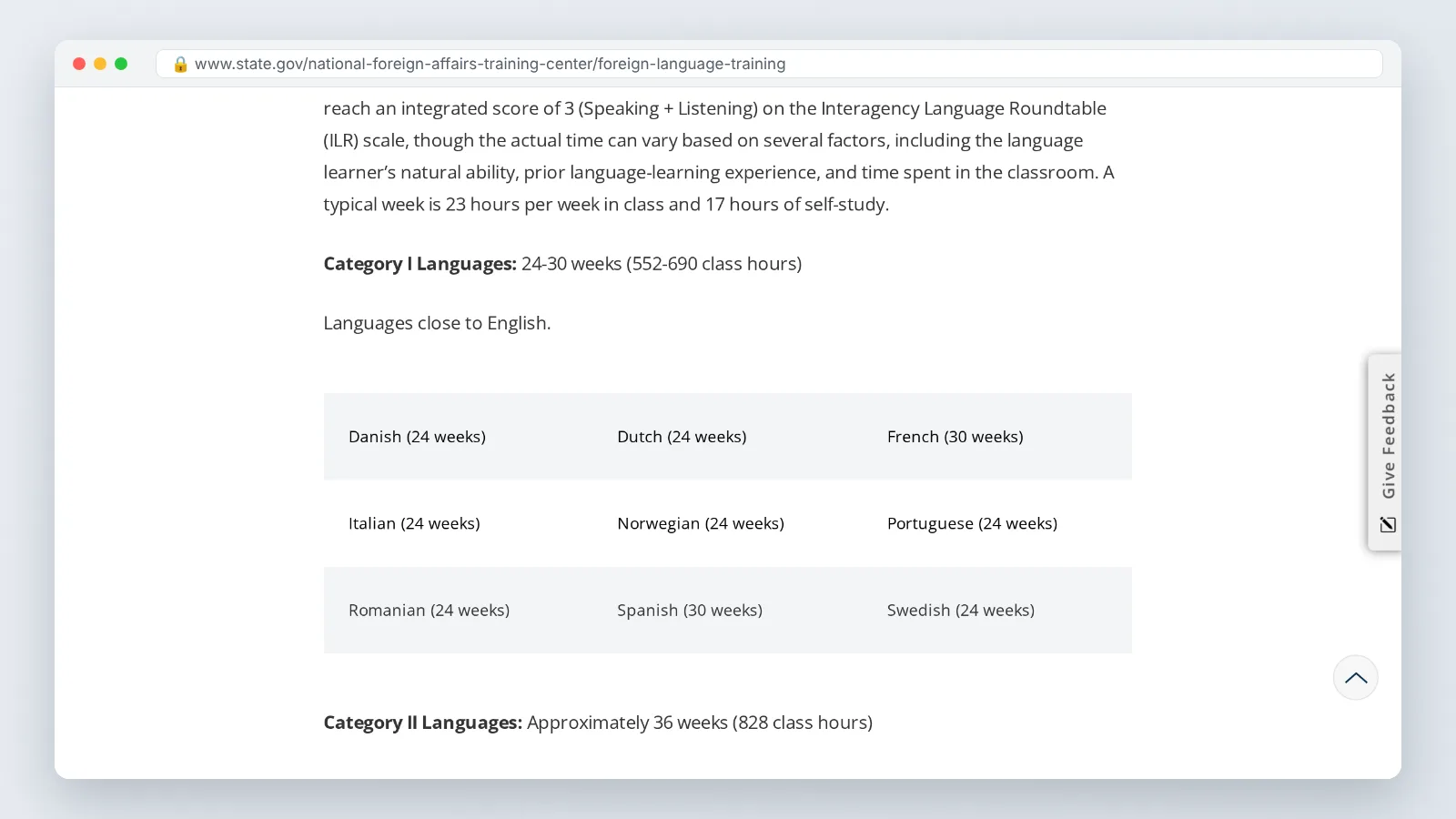 US State Department Foreign Service Institute page showing language category and training-week listings